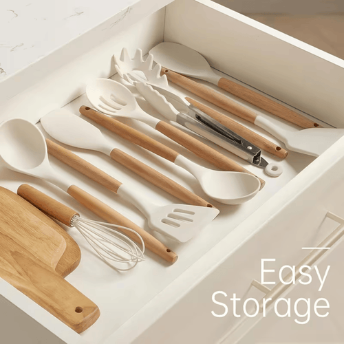 10-Piece Silicone Cooking Utensils Set Natural Wooden Handles