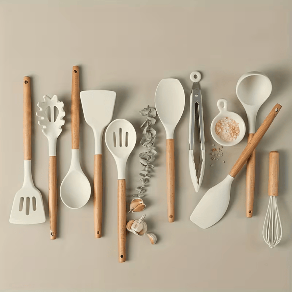 10-Piece Silicone Cooking Utensils Set Natural Wooden Handles
