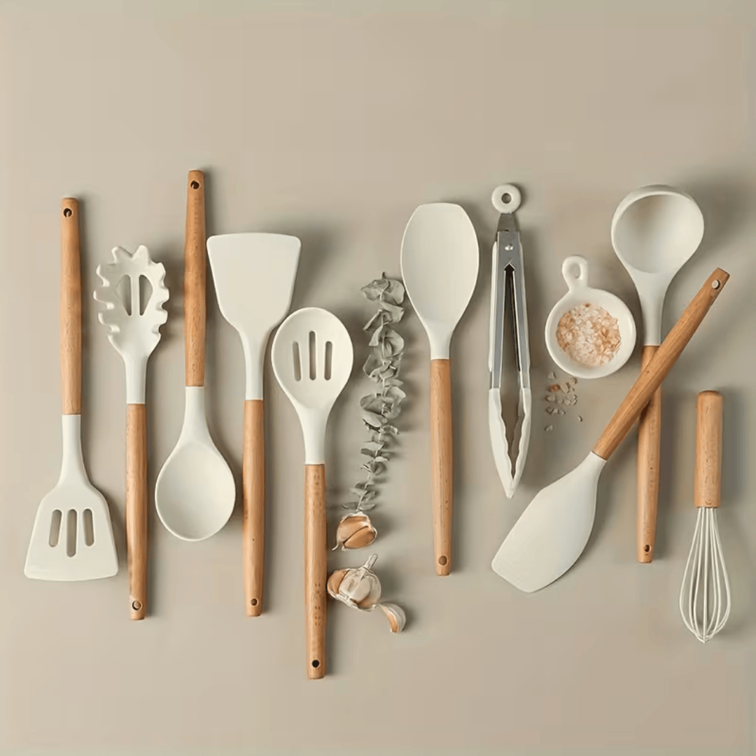 10-Piece Silicone Cooking Utensils Set Natural Wooden Handles