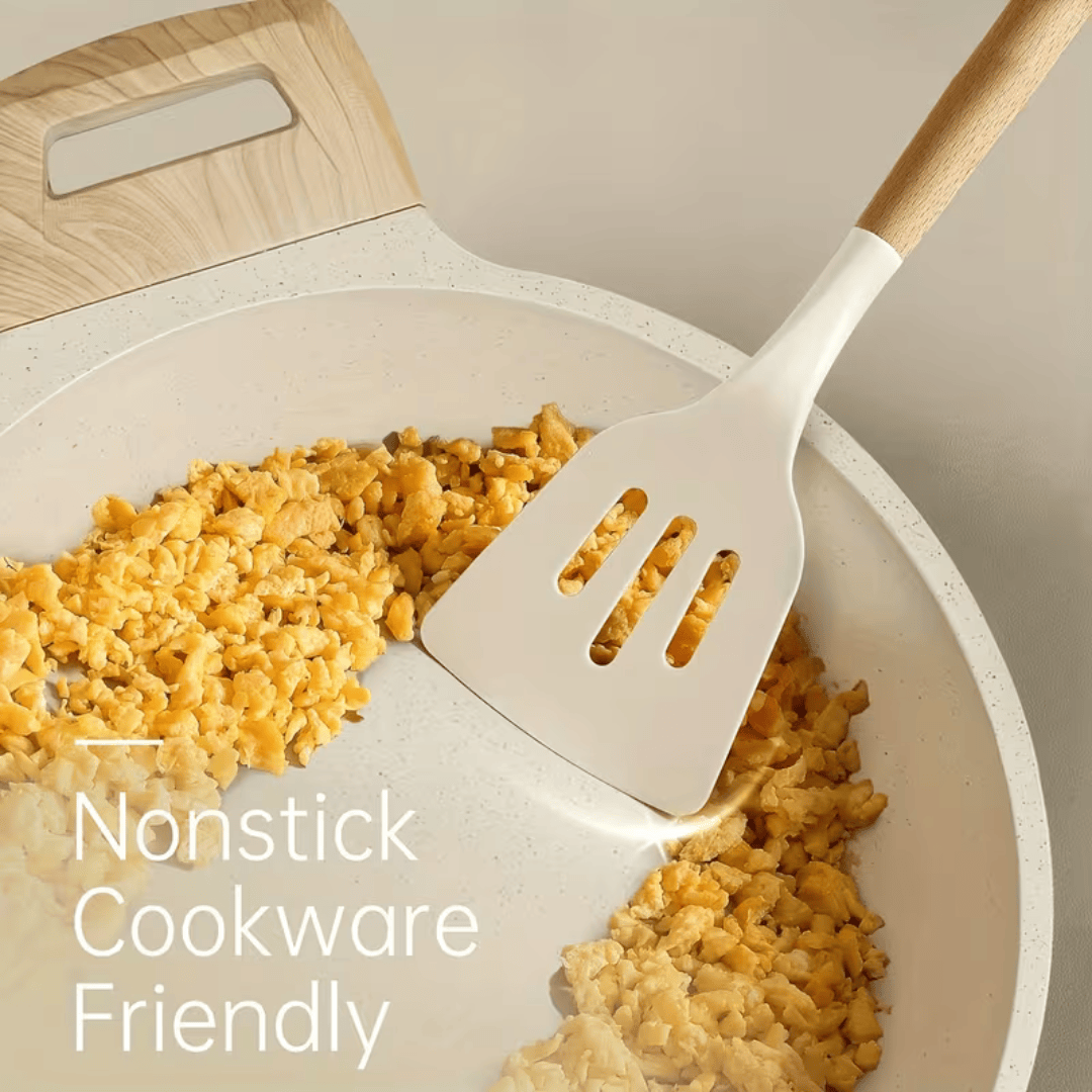 10-Piece Silicone Cooking Utensils Set Natural Wooden Handles