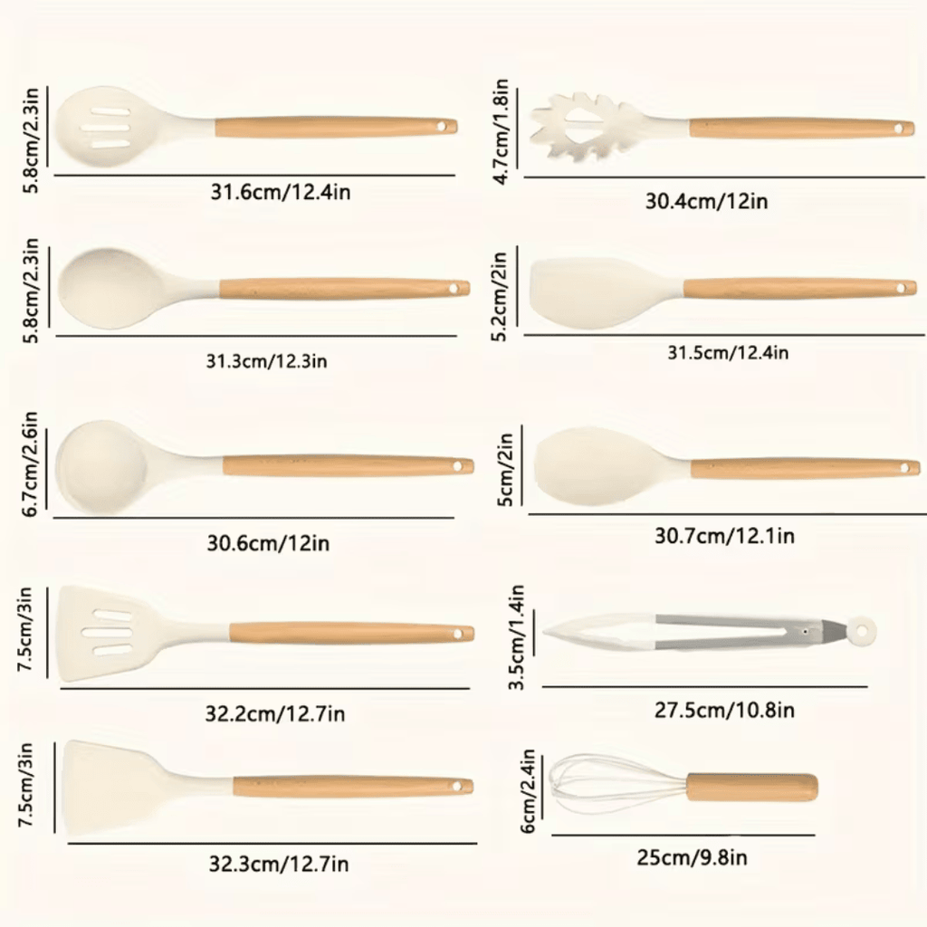 10-Piece Silicone Cooking Utensils Set Natural Wooden Handles