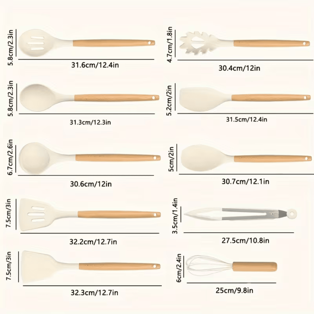 10-Piece Silicone Cooking Utensils Set Natural Wooden Handles