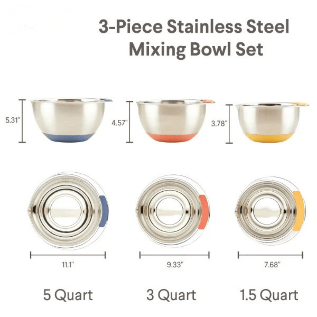 3-Piece Stainless Steel Nesting Mixing Bowls Set - Non-Slip Silicone Base