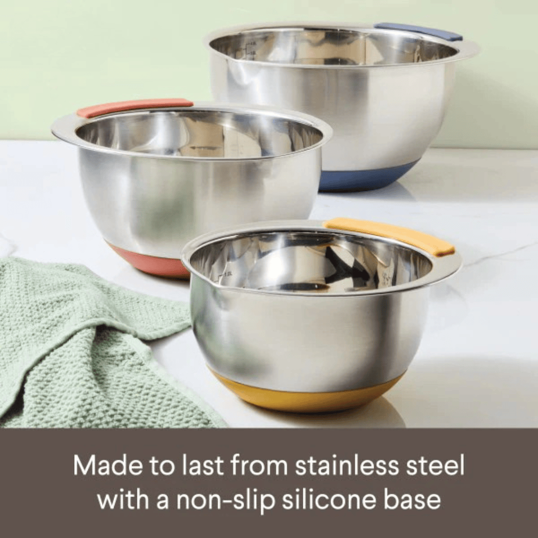 3-Piece Stainless Steel Nesting Mixing Bowls Set - Non-Slip Silicone Base