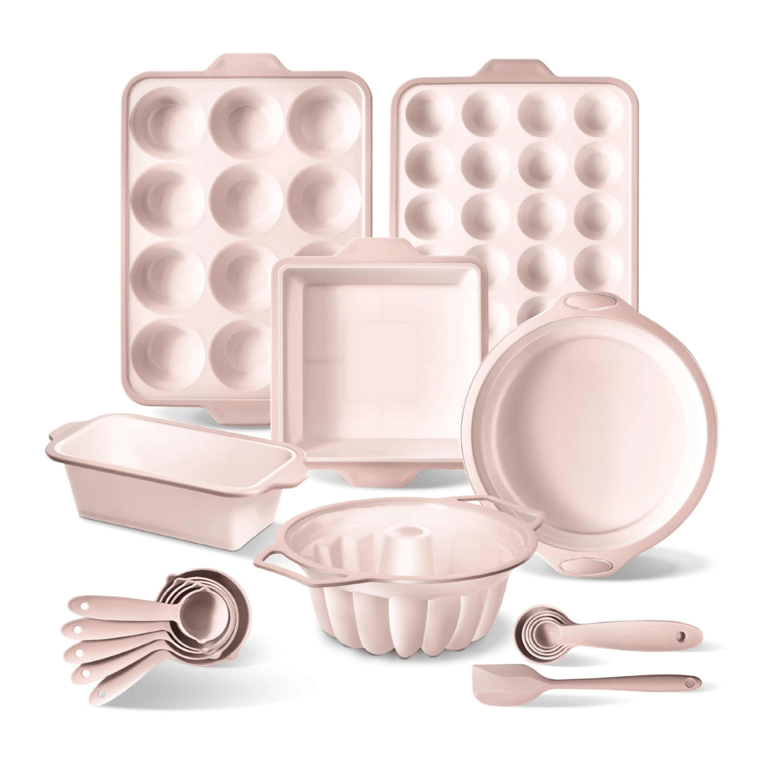 17-Piece Premium Silicone Baking Pan Set - Non-Stick Pink Bakeware